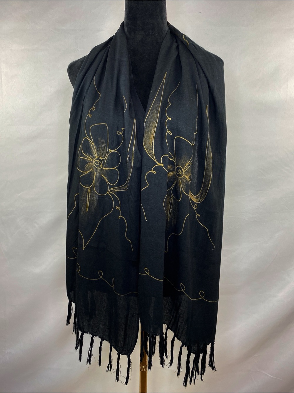 NWT Tropical Batik Hand Painted Black & Gold Classic Fringe Scarf 68”X 21”